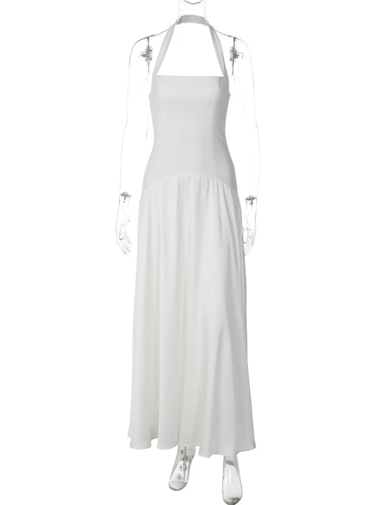 White Halter Backless Sexy Maxi Dress Women Elegant Square Collar Sleeveless Bodycon Club Party Long Dresses Female