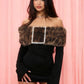Leopard Furry Patchwork Mini Dress Woman Fake Diamonds Decoration Slash Neck Full Sleeve Backless Fashion Bodycon