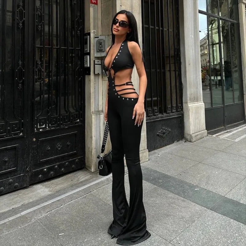 Sexy Black Jumpsuit Women Summer Club Outfit Fashion Rivet Cut Out Halter Backless Jumpsuits Flared Leg