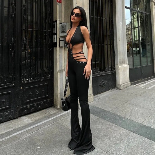 Sexy Black Jumpsuit Women Summer Club Outfit Fashion Rivet Cut Out Halter Backless Jumpsuits Flared Leg