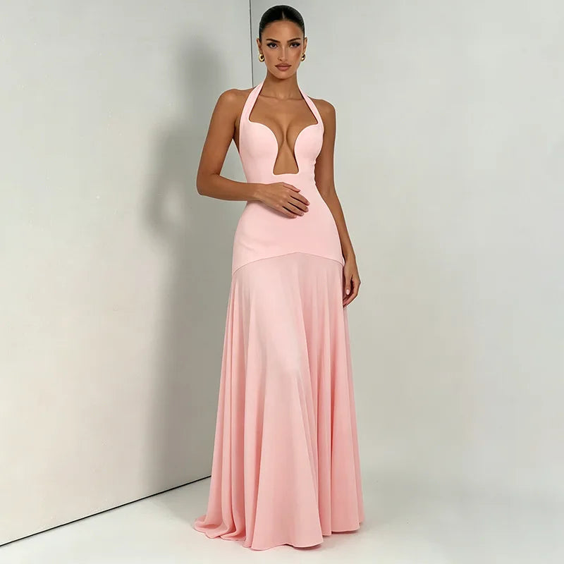 Elegant Deep Plunge Halter Backless Maxi Dresses 2026 Woman Wedding Guest Party Dress Pink