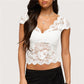 Y2K Sexy Sheer Lace Crop T-Shirt V Neck Scallop Trim Short Sleeve Slim Fitted Hollow Back Night Club Party Cropped Top