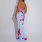 Women Two Piece Set Halter Open Back Crop Tops + Draped Cowl Neck Floral Print Slim Long Skirt Outfit for Party Vacation