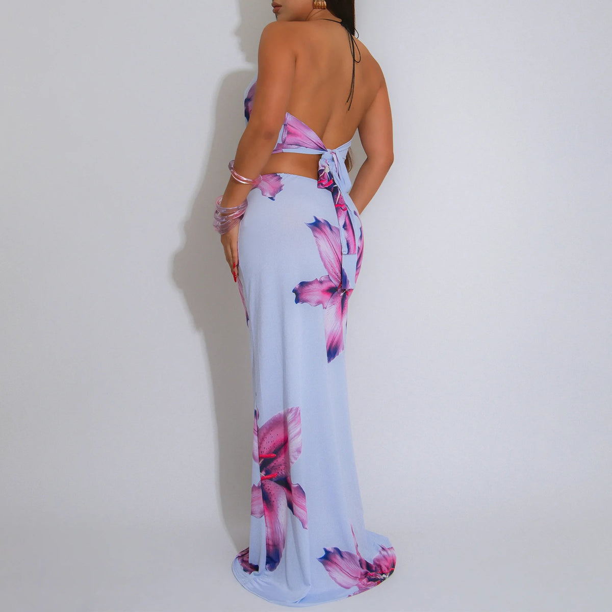 Women Two Piece Set Halter Open Back Crop Tops + Draped Cowl Neck Floral Print Slim Long Skirt Outfit for Party Vacation