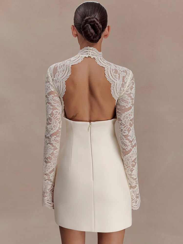 Women Elegant Lace Patchwork Sexy Mini Dress Fashion High Neck Long Flare Sleeve Backless Bodycon Club Party Dresses