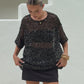 Women's Summer Sequined T-Shirt Casual Loose Fit Stylish Solid Color See Through Crew Neck Elbow Sleeve Tops Cover Ups