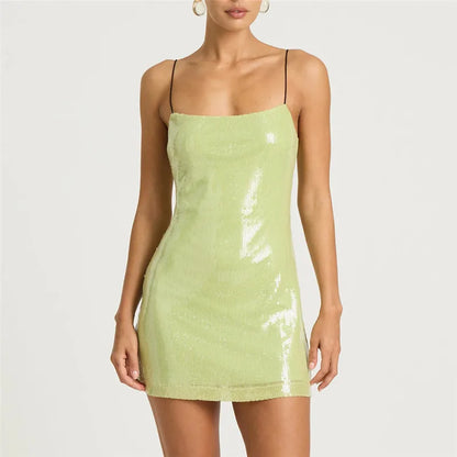 Sequin Bodycon Mini Dress for Women Spaghetti Strap Square Neck Sleeveless Light Green Cocktail Party Club Dress