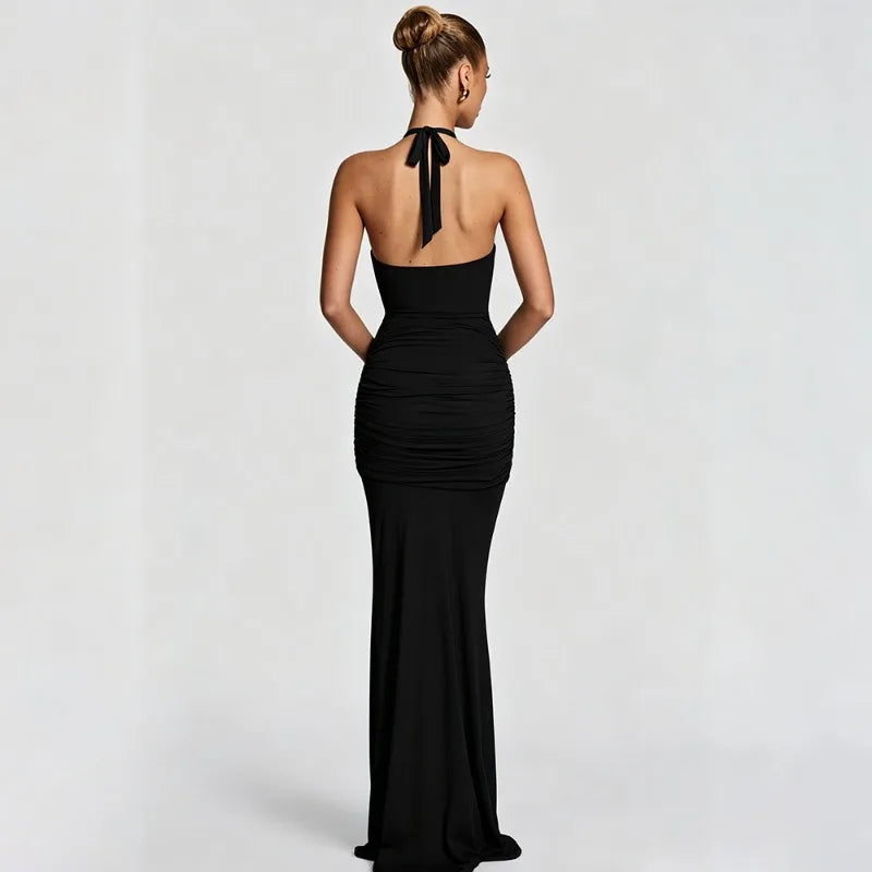 Front Cut-out Hardware Halter Maxi Dress Sexy Elegant Black Party Dresses for Woman Clothing