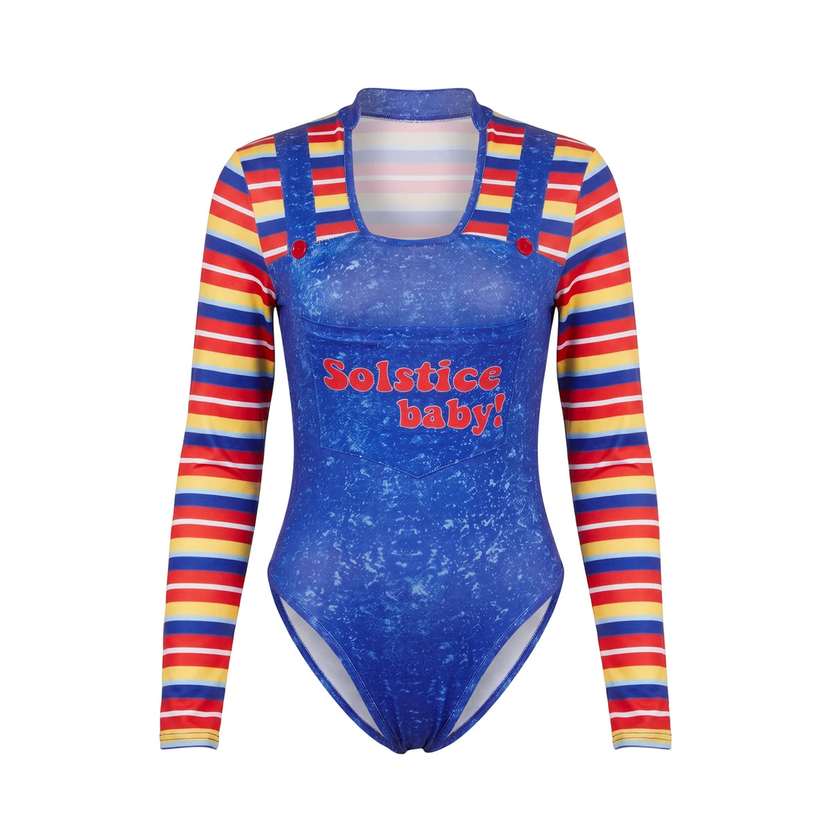 Women Chucky Halloween Cosplay Bodysuit Long Sleeve Stripe Fake Overalls Letter Print Horror Doll Party Festival Costume