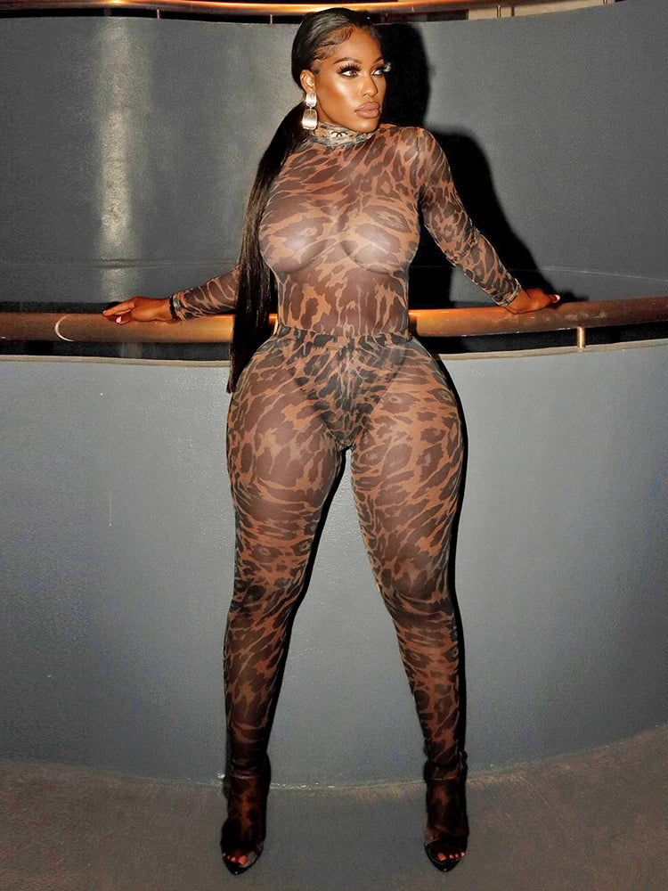 Leopard Print Sexy Mesh 2 Piece Set Women Turtleneck Full Sleeve Bodysuit+Skinny Peach Hip Long Pants Wild Style Suit