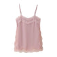 Women Lace Trim Satin High Low Tops Silk Spaghetti Strap Side Split Asymmetrical Cami Top Flowy Silky Layering Tops