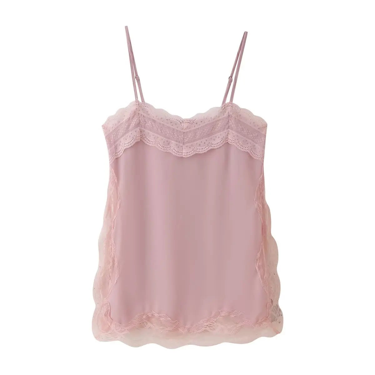 Women Lace Trim Satin High Low Tops Silk Spaghetti Strap Side Split Asymmetrical Cami Top Flowy Silky Layering Tops