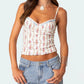 Women Y2K Floral Mesh Cami Top Spaghetti Strap Low Cut Crop Top Flower Print Patchwork Sheer Mesh Tank Top