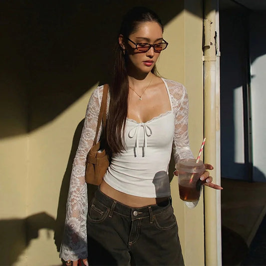 Lace Long Sleeve Crop Tops for Woman Sexy Shirts Blouses White Black Spring 2026