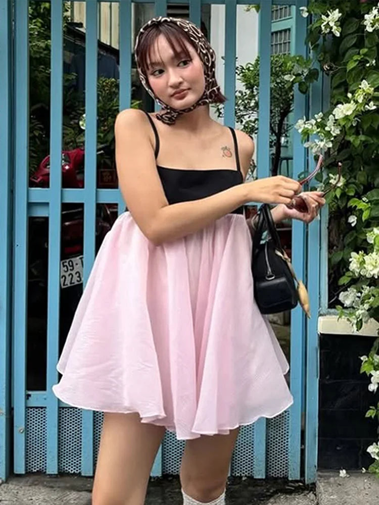 Patchwork Mesh Dress Women Ruffles Low-Neck Sleeveless Sweet Summer New Trend Beach Party Vacation Chic Mini Bodycon