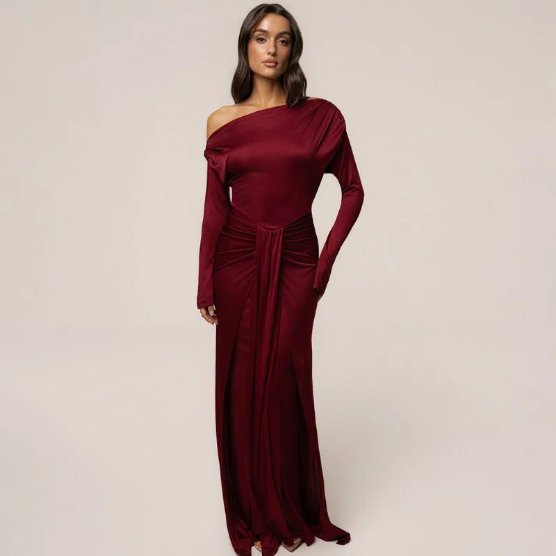 One Shoulder Draped Front Long Sleeve Maxi Dress Burgundy Evening Party Dresses Woman Elegant Fall 2026