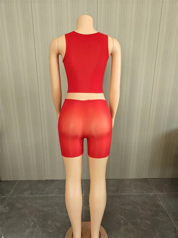 Sexy Midnight 2-Piece Set Women See Through o-Neck Vest+Simple Short High Elasticity Wild Summer Fashion Slim Suit