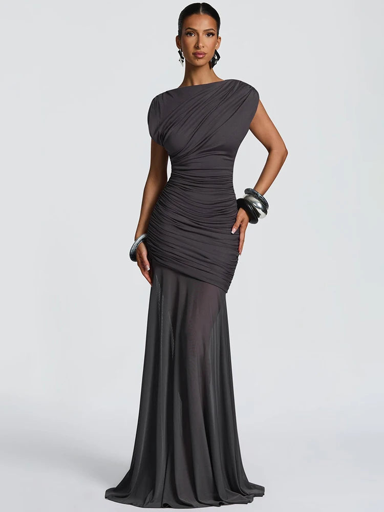 Sleeveless Ruched Sexy Maxi Dress Women Gown Elegant Patchwork Mesh O Neck High Waist Skinny Club Party Long Dresses