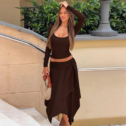 2 Piece Sets Long Sleeve Top and Matching Asymmetrical Midi Skirt Coords Set for Woman Elegant Fall Outfits