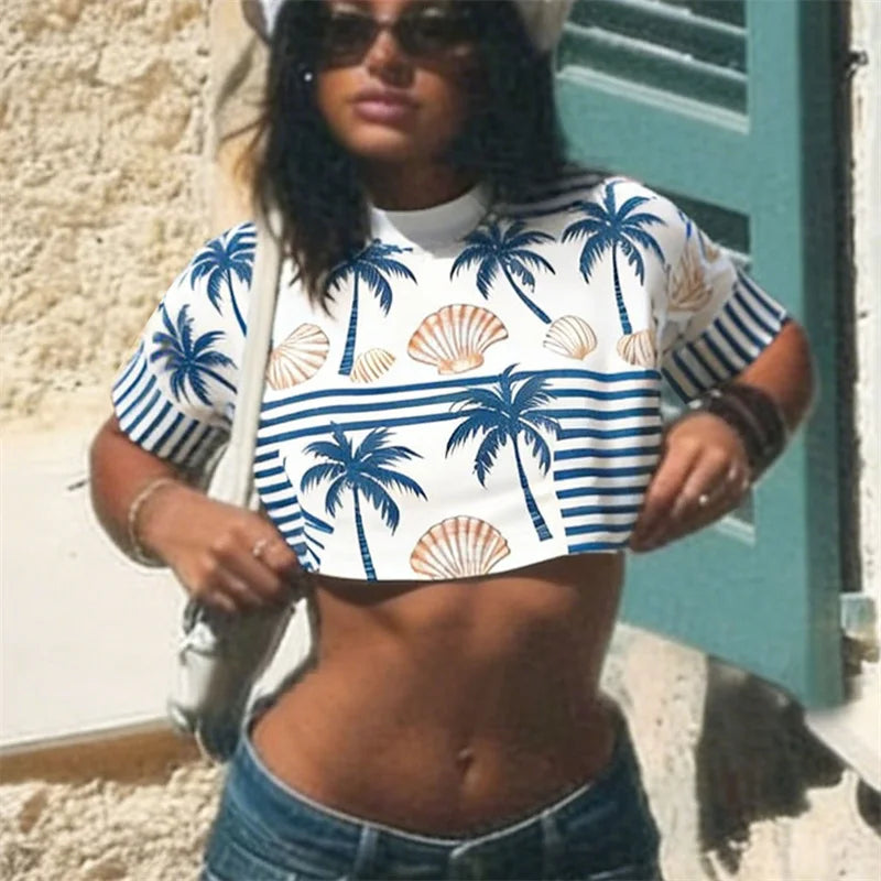 Women's Summer Crop T-Shirt Casual Loose Fit Stylish Seashell Coconut Tree Print Striped Crew Neck Short Sleeve Tops