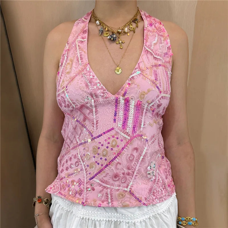 Y2k Woman Sexy Colorful Sequin Tank Tops Sleeveless Halter Neck Crop Vest V Neck Backless Cami Tops Streetwear