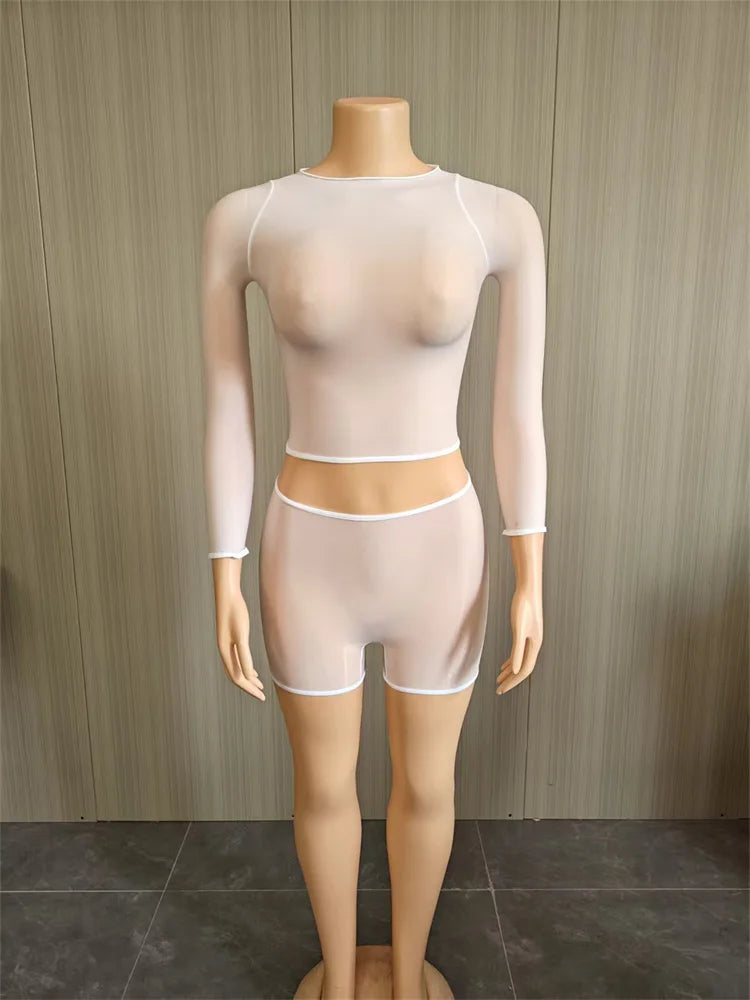 Sexy  See Through 2-Piece Set Women Full Sleeve o-Neck Crop Tops+Simple Elastic Waist Short Slim Midnight Hottie Suit