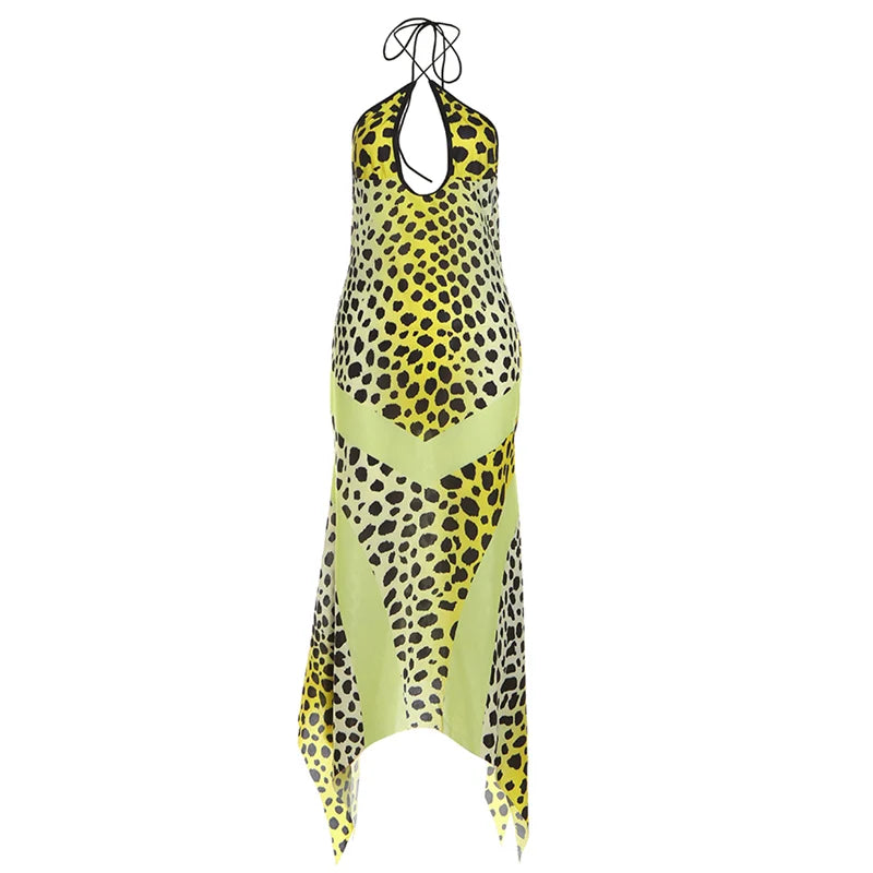 Backless Halter Dress Woman Summer Sexy Leopard-Print Chiffon Patchwork Trend Two-Way Wear Irregular-Hem Chic Bodycon