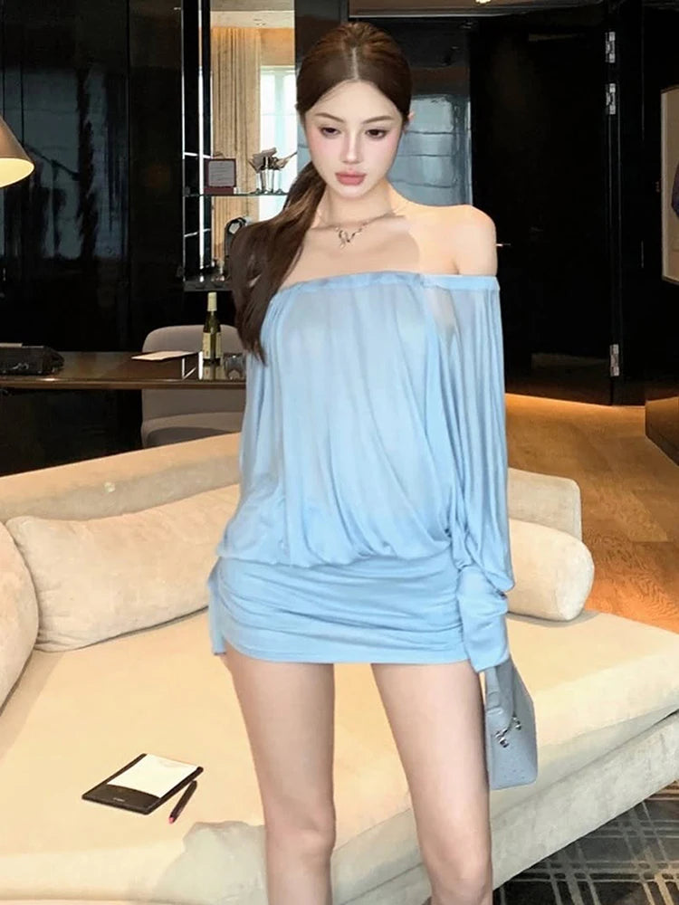 Elegant Slash Neck Dress Women Sexy Bat Sleeve Ruched Backless Bandage Club Streewear Stretch Peach Hip Mini Bodycon