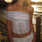 Women Multicolor Striped Off-Shoulder Slim Fit Crop Top Summer Wrap Style Neckline Bandeau Backless Shirts Streetwear