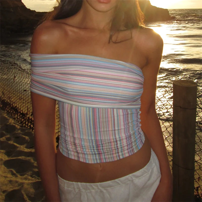 Women Multicolor Striped Off-Shoulder Slim Fit Crop Top Summer Wrap Style Neckline Bandeau Backless Shirts Streetwear
