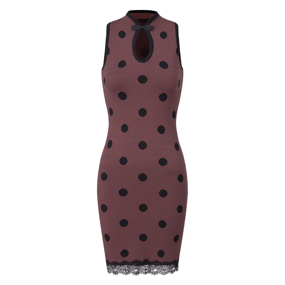 Knit Polka Dot Bodycon Mini Dress Women Sleeveless Halter Qipao Collar Keyhole Cutout Lace Hem Slim Short Pencil Dress
