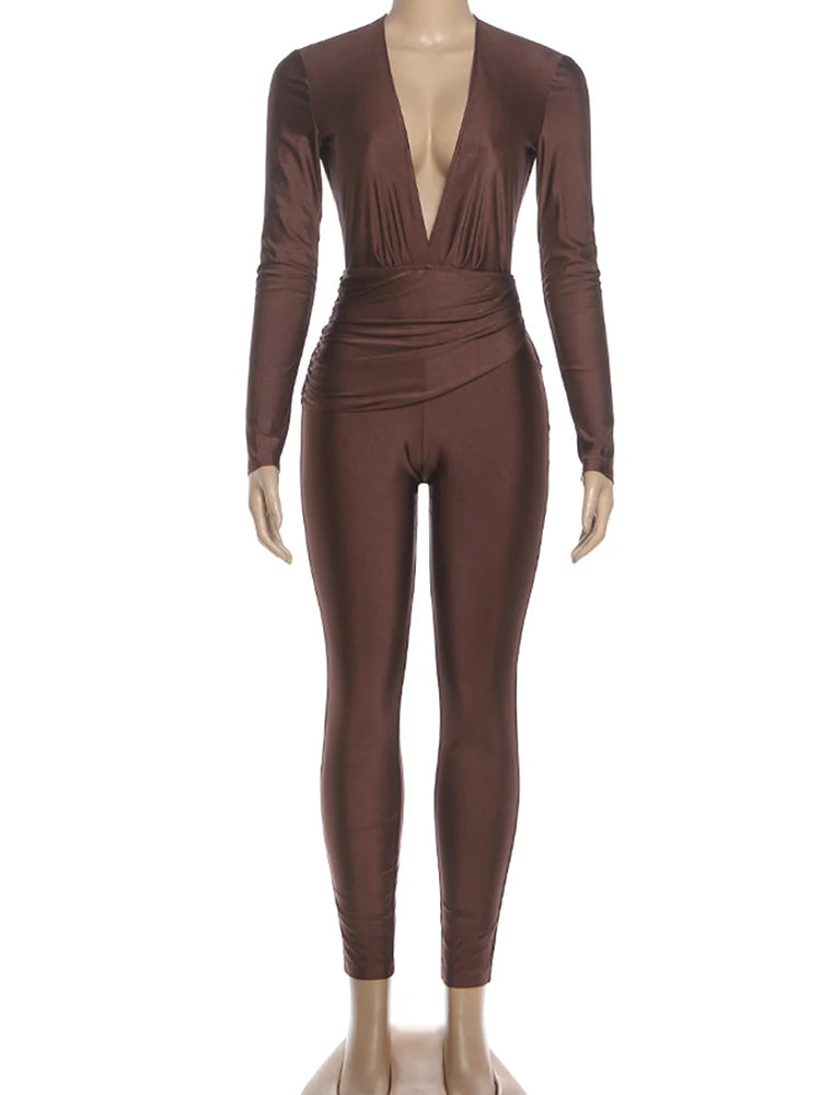 Sexy Jumpsuit Women Deep v-Neck Full Sleeve Skinny Backless Midnight Folds High Elasticity Fashion Classic Streetwear