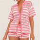 Women Striped Hollow Knit 2 Piece Set Short Sleeve Button Down Top High Waist Mini Shorts Matching Outfit Beach Cover Up
