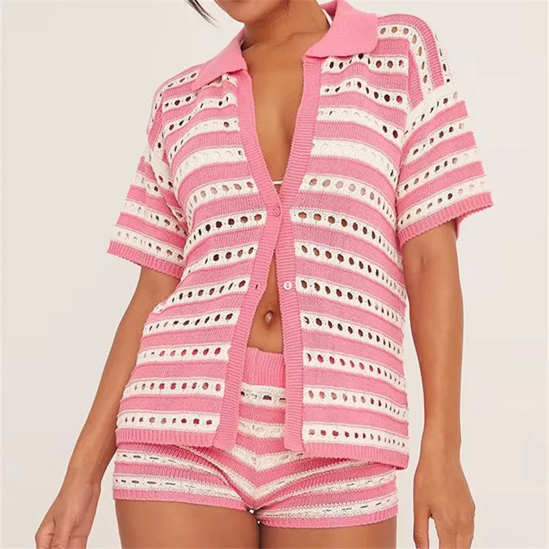Women Striped Hollow Knit 2 Piece Set Short Sleeve Button Down Top High Waist Mini Shorts Matching Outfit Beach Cover Up