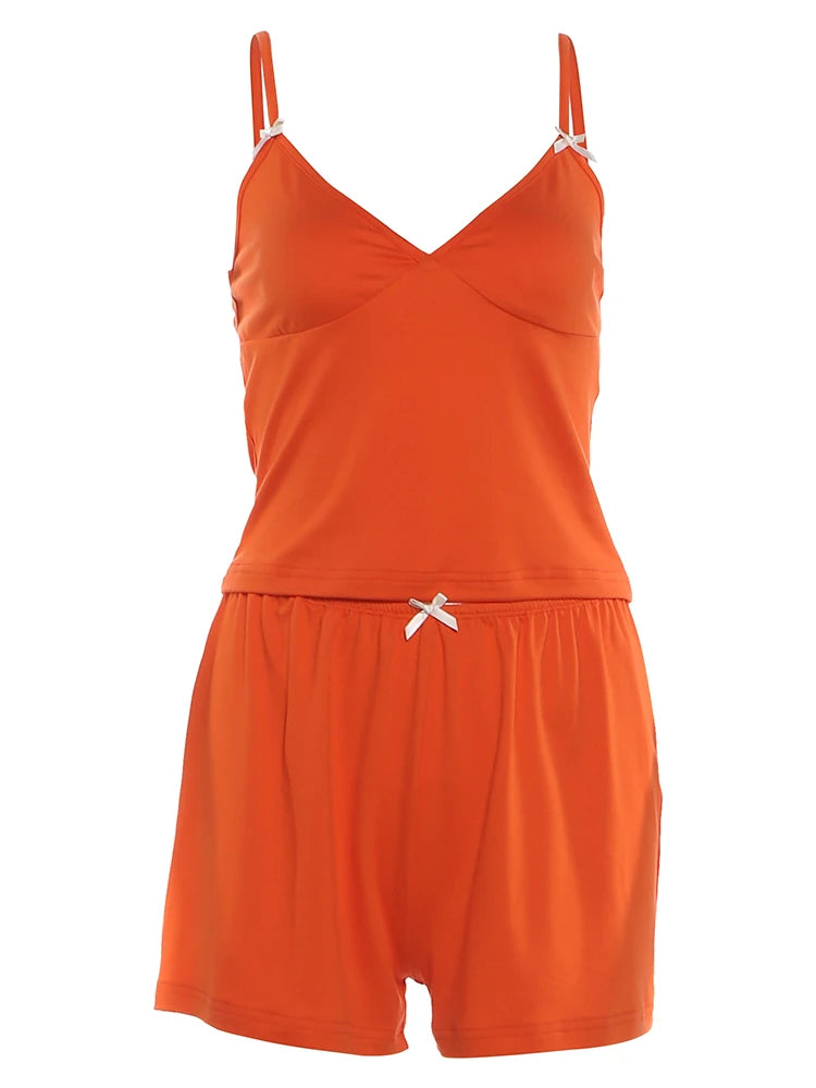 Sporty Streetwear Women Trend Simple 2-Piece Set Trend Fashion Bow Appliques Low Chest Camisole+Shorts Hottie Suits