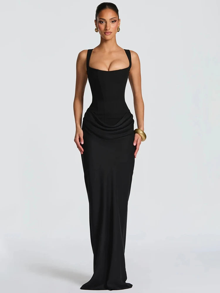 Backless Ruched Sexy Maxi Dress Women Elegant Square Collar Tapered Straps Sleeveless Bodycon Club Party Long Dress