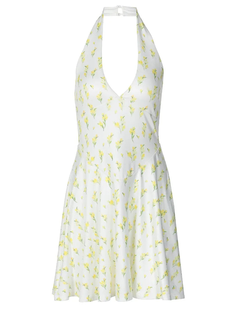 Yellow Floral Printed Skater Dress Sexy Deep V Neck Backless Short Summer Dresses Woman Clothing