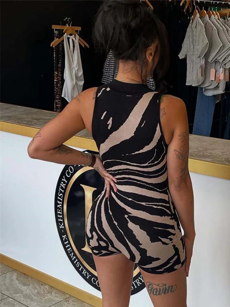 Contrast Patchwork Playsuits Women Polo-Neck Zip Sleevelesss Skinny Peach Hip Hottie Street Fashion Wild Style Romper