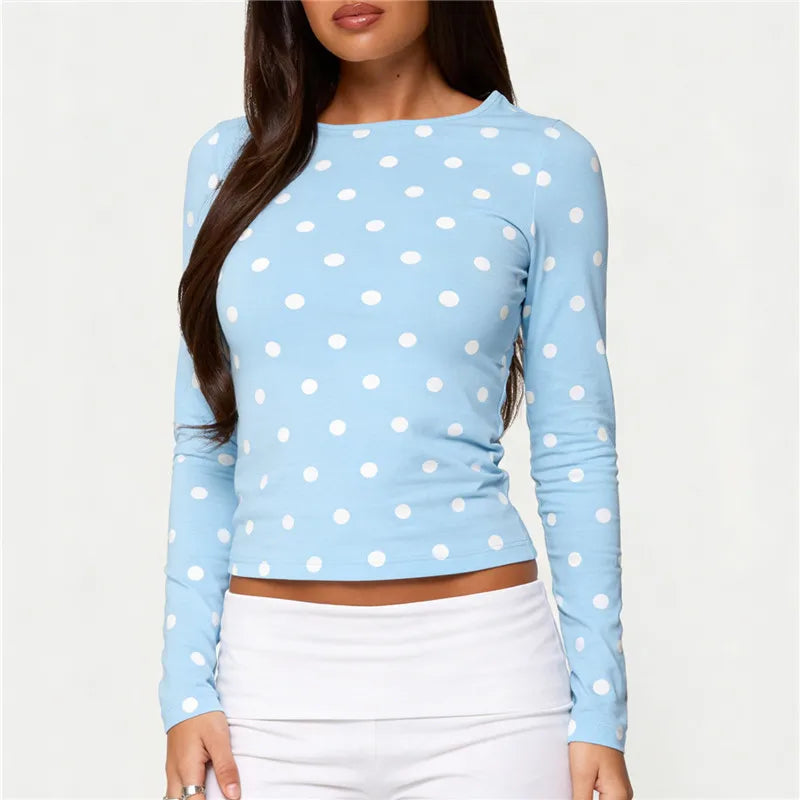 Y2K Coquette Polka Dot Long Sleeve Crew Neck Slim Fitted T-Shirt Crop Top Women Casual Bodycon Spring Fall Streetwear