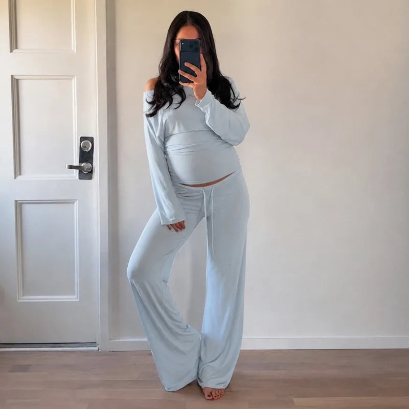 Woman Clothing Set 2 Piece Drawstring Sweatpants and One Shoulder Long Sleeve Top Casual Fall Outfits C56-CG34
