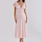 Women Satin Sexy Midi Dress Deep V Neck Lace Trim Ruffle Short Sleeve A Line Dress Wedding Guest Evening Party Dress