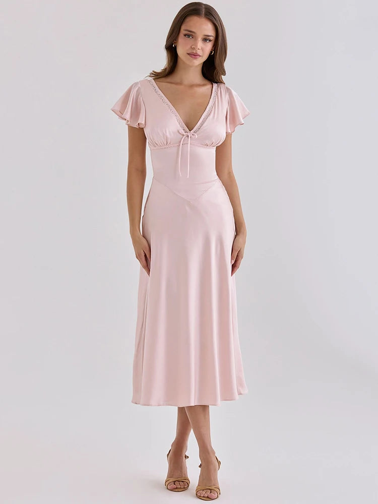 Women Satin Sexy Midi Dress Deep V Neck Lace Trim Ruffle Short Sleeve A Line Dress Wedding Guest Evening Party Dress