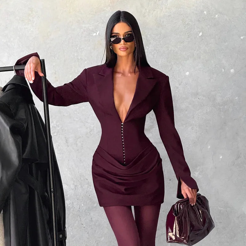 Ruched Blazer Mini Dress Sexy Deep V Neck Long Sleeve Dresses Woman Clothes Fall Winter