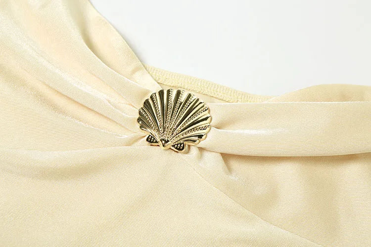 Shell Metal Satin Dress Women Y2K Plait Halter Sexy Low-Neck Irregular Backless Sleeveless Ruched Summer Mini Bodycon