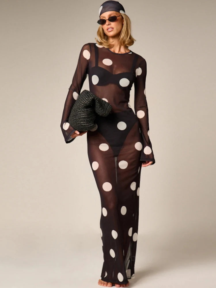 Mesh See Through Long Dress+Headscarf Woman Autumn Trend Polka Dot Print o-Neck Full Sleeve Sexy Fashion Vestidos