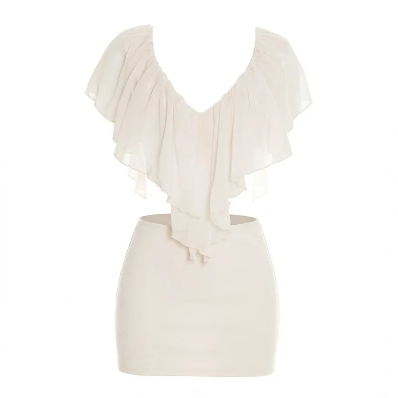 Sexy Two Piece Set Woman Summer Outfits 2026 V Neck Backless Ruffled Mesh Crop Top and Mini Skirt Sets