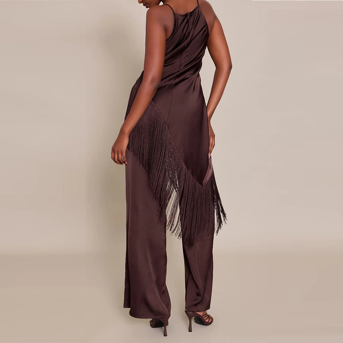 Women Summer Satin Camisole Casual Solid Asymmetrical Tassel Spaghetti Straps Long Tank Tops Club Vacation Streetwear