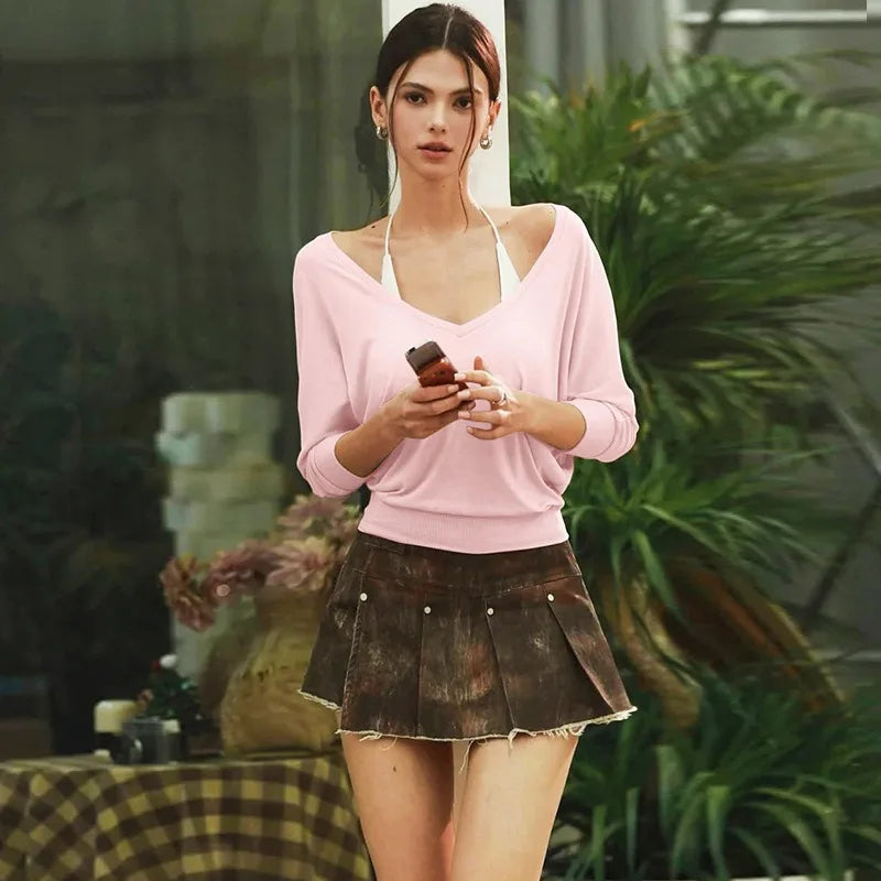 Casual Loose V Neck Long Sleeve Top Solid Color See Through T Shirts for Woman Clothing Fall 2025 Fashion