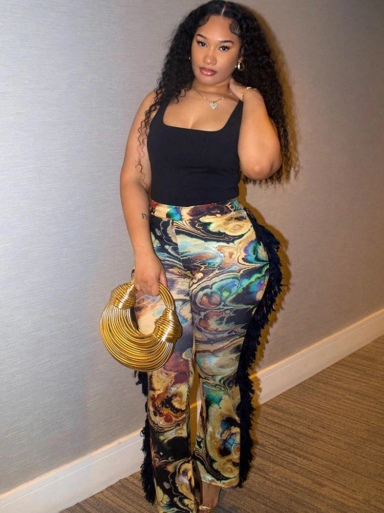 Side Tassel Flare Pants Women Patchwork Autumn Trend Colorful Print Sexy Wild Slim Street Skinny Clubwear Trousers