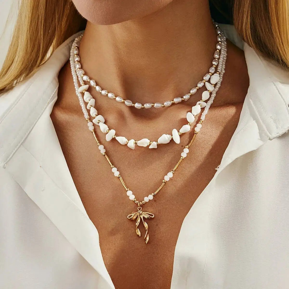 4Pcs/Set Bohemia Imitation Pearl Fishtail Pendant Chokers Necklace for Women Y2K Exquisite Beaded Neck Chain Jewelry Set